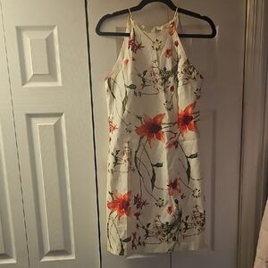 Floral Halter Slip Dress in Ivory with Orange Blooms